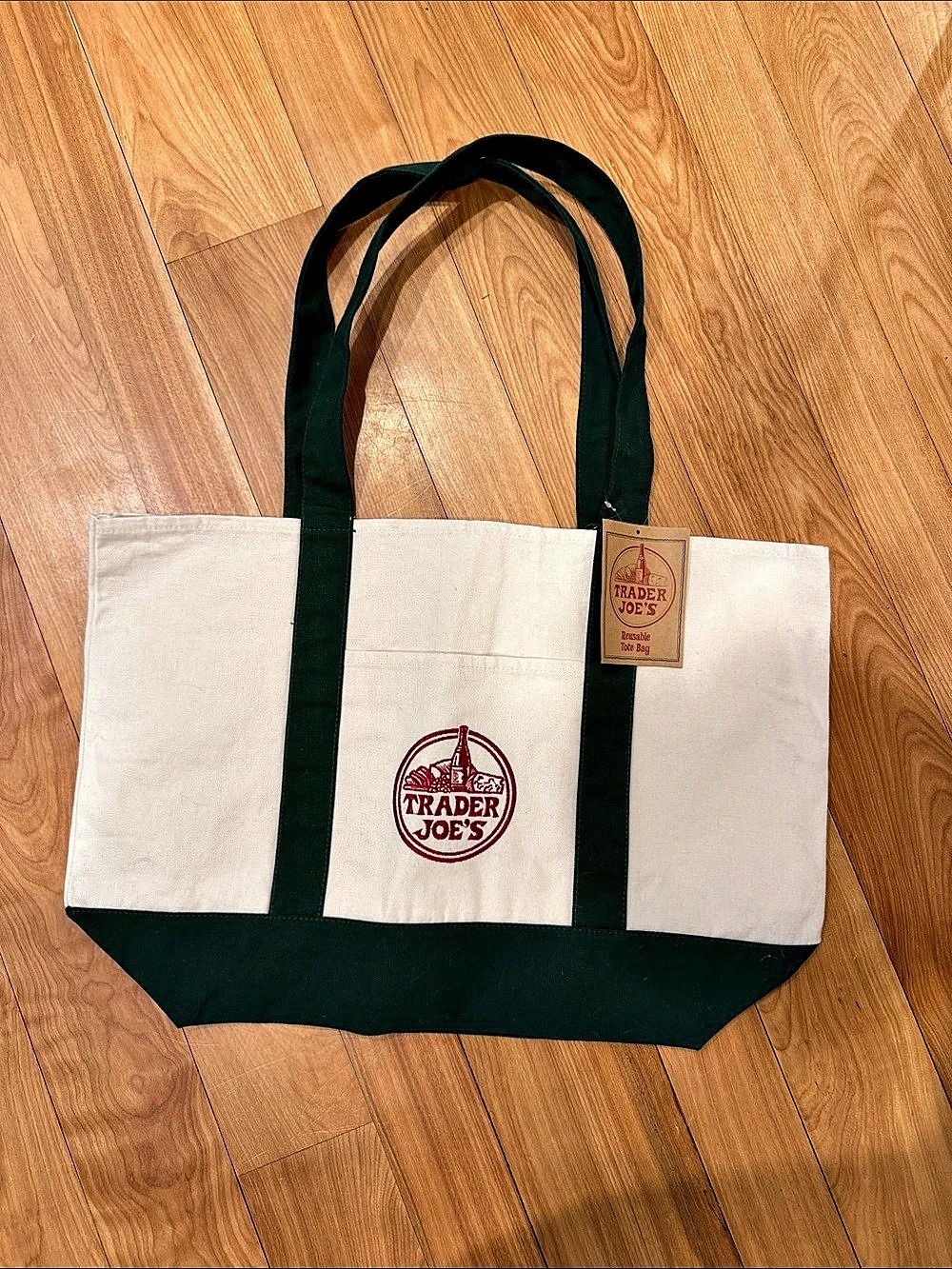 Trader Joe's Large Canvas Tote Bag White & Green